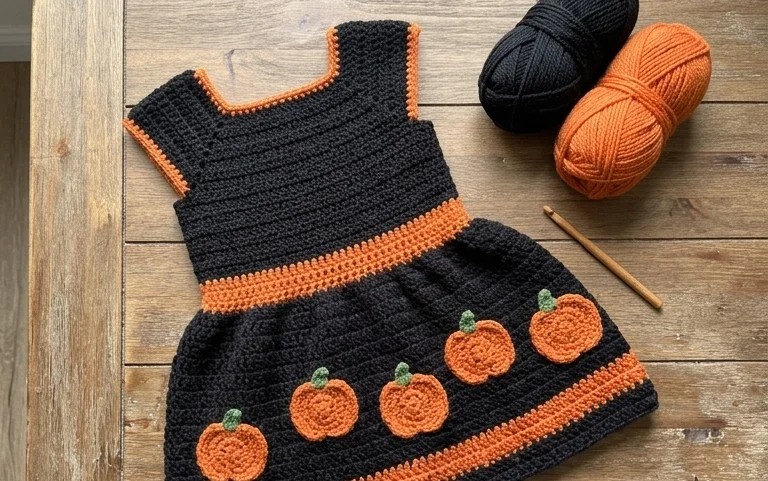 Crochet Halloween Dress with Pumpkin Motifs